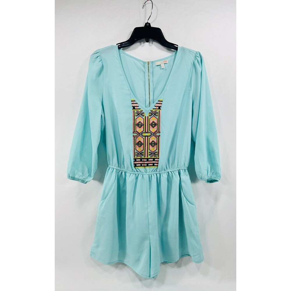 GB Romper Juniors Sz L Pastel Light‎ Blue Balloon Sleeve Embroidered Women's